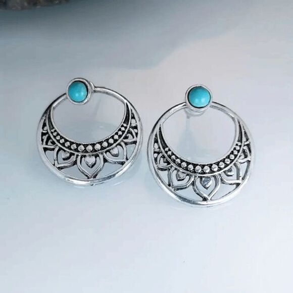 Boho Western Southwest Silver Turquoise Round Earrings - Picture 3 of 4